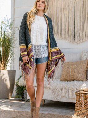 Davi & Dani Boho Fringe Open Front Cardigan Kimono Wrap Sweater